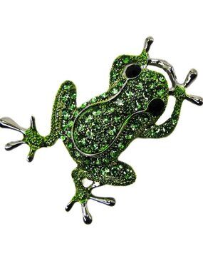 Green Crystal Frog Brooch Pin Rhinestone Silver Tone Statement Jewelry New